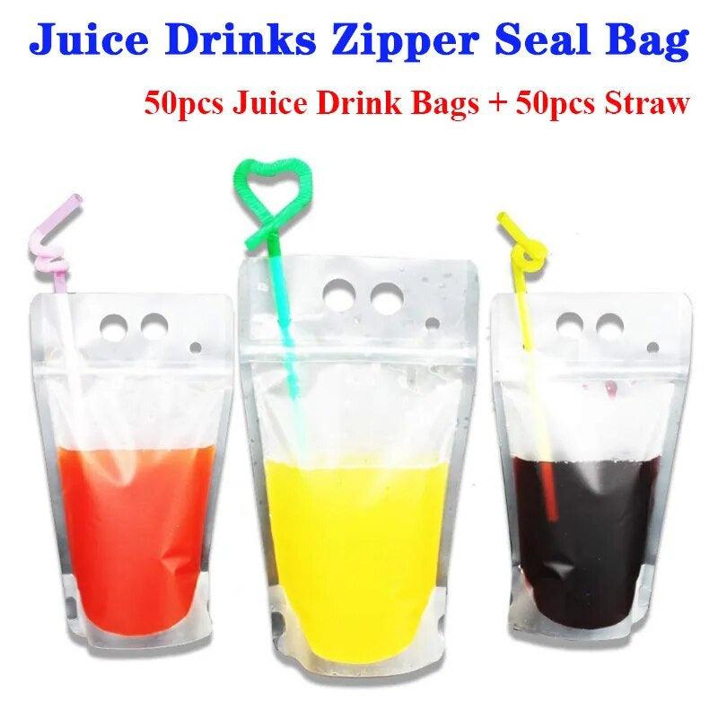 50PCS Plastic Liquid Bag + 50Pcs Straw Juice Coffee Drinks Kitchen Vertical Seal Pouches Frosted Disposable Reclosable for Party