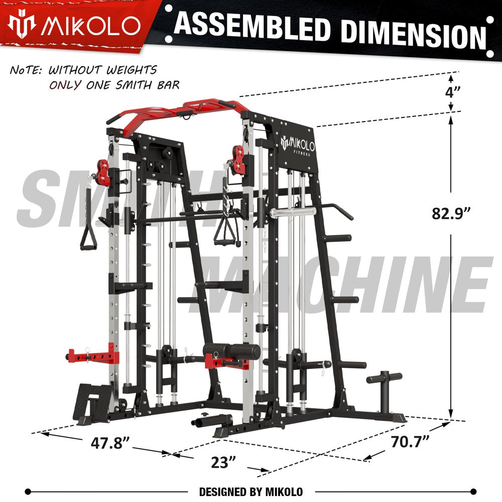 Mikolo Smith Machine Home Gym, 2200 Lbs Power Rack Cage with Cable Crossover, Weight Bar, 360° Landmine, Barbell Holders and Other Attachments, Total Body Strength Training Cage