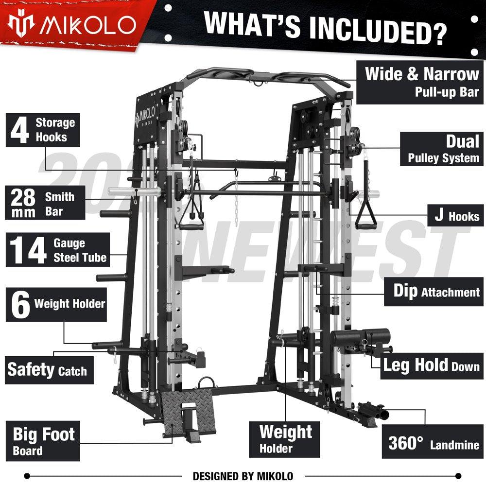 Mikolo Smith Machine Home Gym, 2200 Lbs Power Rack Cage with Cable Crossover, Smith Cage with 800LB Capacity Adjustable Weight Bench and 230 Lbs Weight Plate, Total Body Strength Training Cage