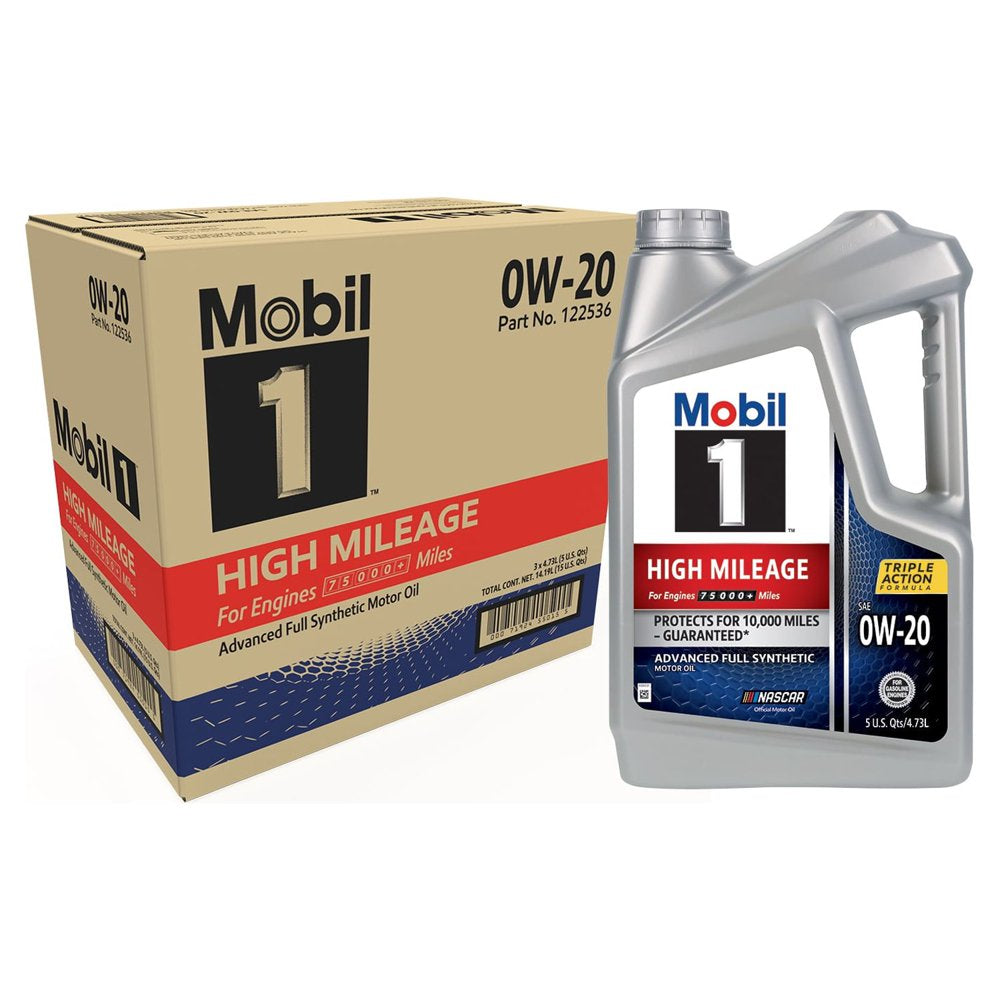 Mobil 1 High Mileage Full Synthetic Motor Oil 0W-20, 5 Qt (3 Pack)