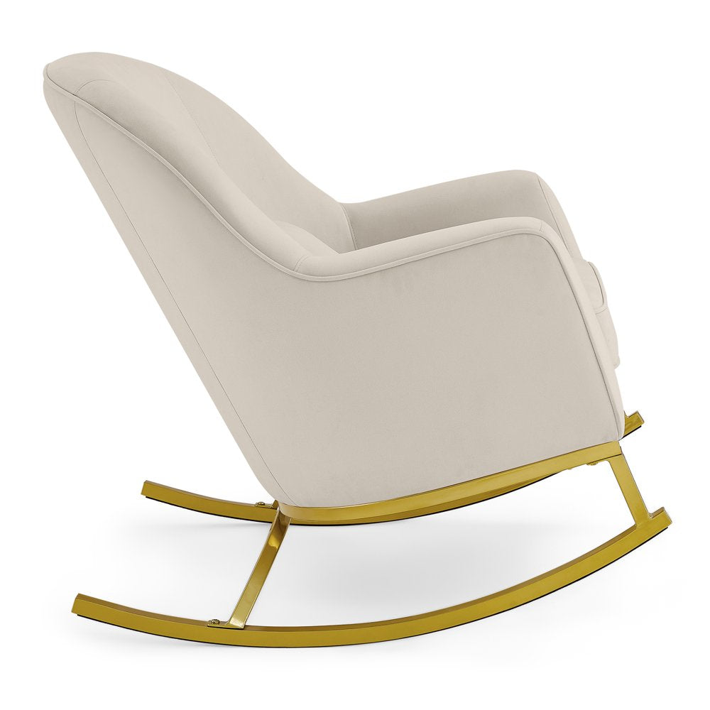 Modrn Glam Velvet Rocking Chair with Lumbar Pillow, Off-White/Satin Brass