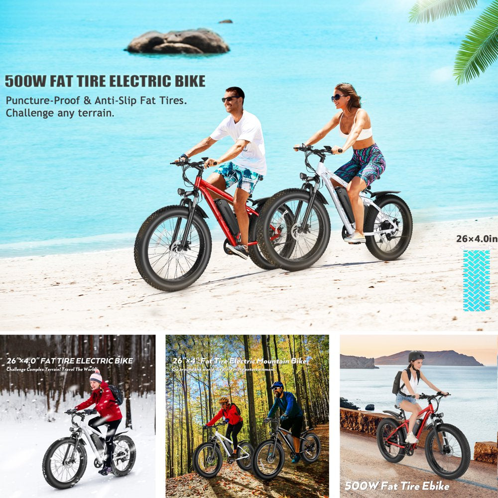 Gocio 500W 26" Electric Mountain Bicycle Snow Ebike, 4" Fat Tire Electric Bike with 48V 13Ah Li-Ion Battery, 50 Miles 19 Mph Adult E Bike Beach Bike Snow Bike for Adults Men