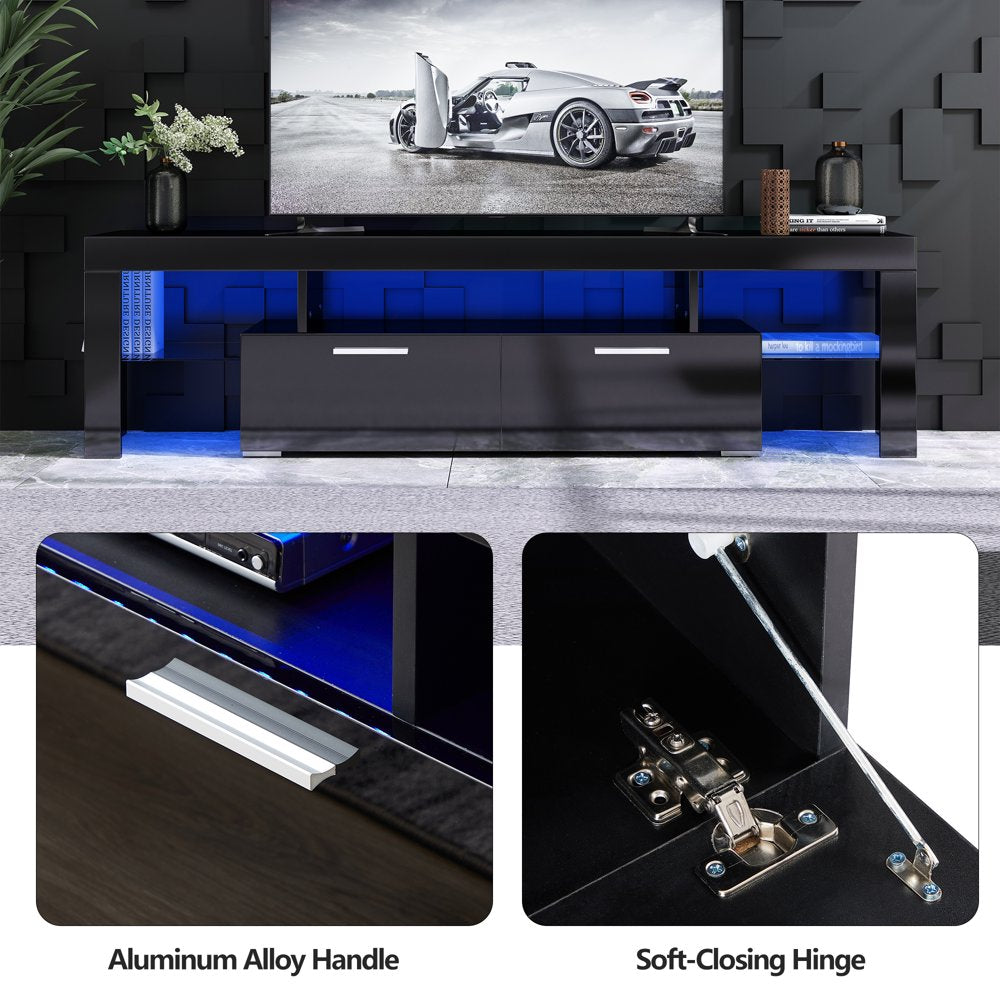 Uhomepro TV Stand for Tvs up to 80", Living Room Entertainment Center with RGB LED Lights, APP and Remote Control, Black High Gloss TV Cabinet Console Table