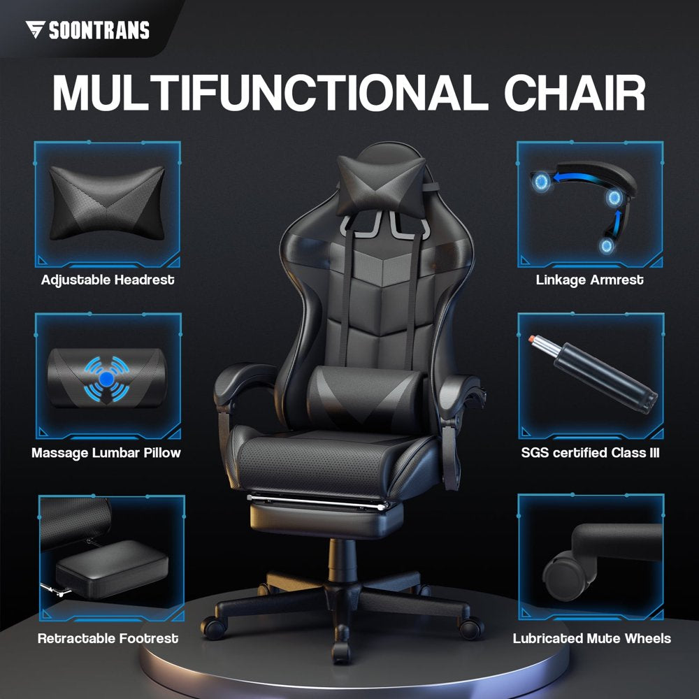 Soontrans Massage Gaming Chair with Footrest, Ergonomic Leather Office Chair with Lumbar Support & Headrest, Black