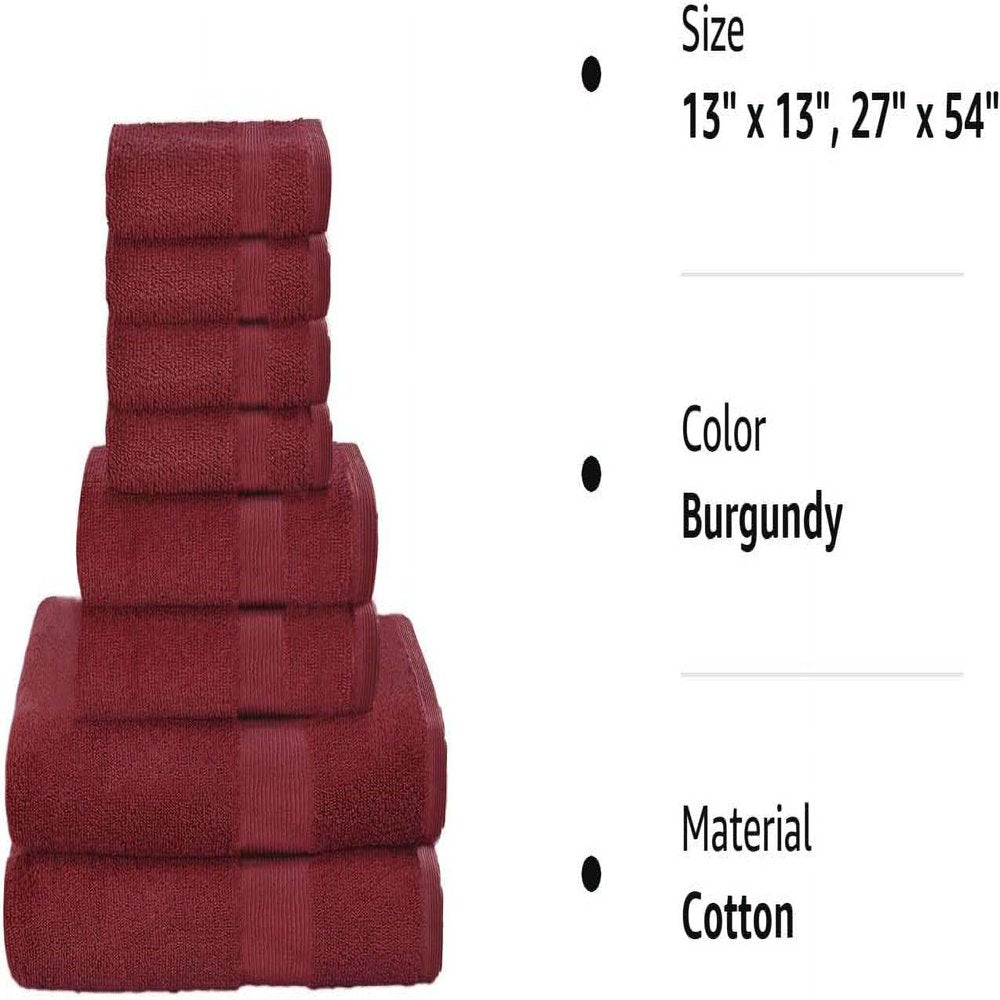 BELIZZI HOME 8 Piece Towel Set 100% Ring Spun Cotton, 2 Bath Towels 27X54, 2 Hand Towels 16X28 and 4 Washcloths 13X13 - Ultra Soft Highly Absorbent Machine Washable Hotel Spa Quality - Burgundy