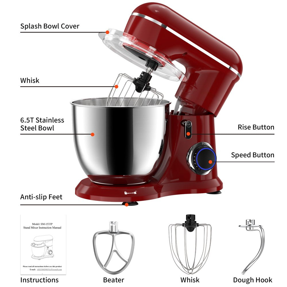 Samsaimo Stand Mixer,6.5-Qt 660W 10-Speed Tilt-Head Food Mixer, Kitchen Electric Mixer with Bowl, Dough Hook, Beater, Whisk for Most Home Cooks, (6.5QT, Empire Red）