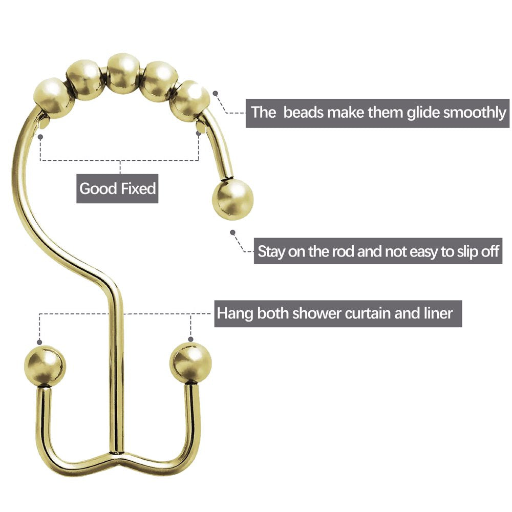 Siaomo Shower Curtain Rings Hooks, Premium Stainless Steel, Rustproof, Easy Glide, for Bathroom Shower Rods Curtains - Double Hooks-Set of 12, Gold