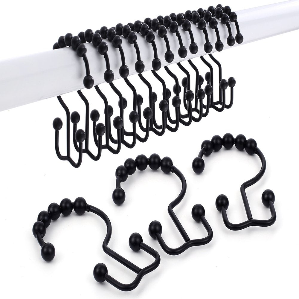 Siaomo Shower Curtain Rings Hooks, Premium Stainless Steel, Rustproof, Easy Glide, for Bathroom Shower Rods Curtains - Double Hooks-Set of 12, Black