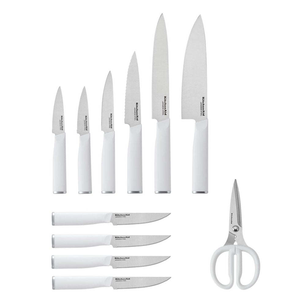 Kitchenaid Classic Japanese Steel 12-Piece Knife Block Set with Built-In Knife Sharpener, White