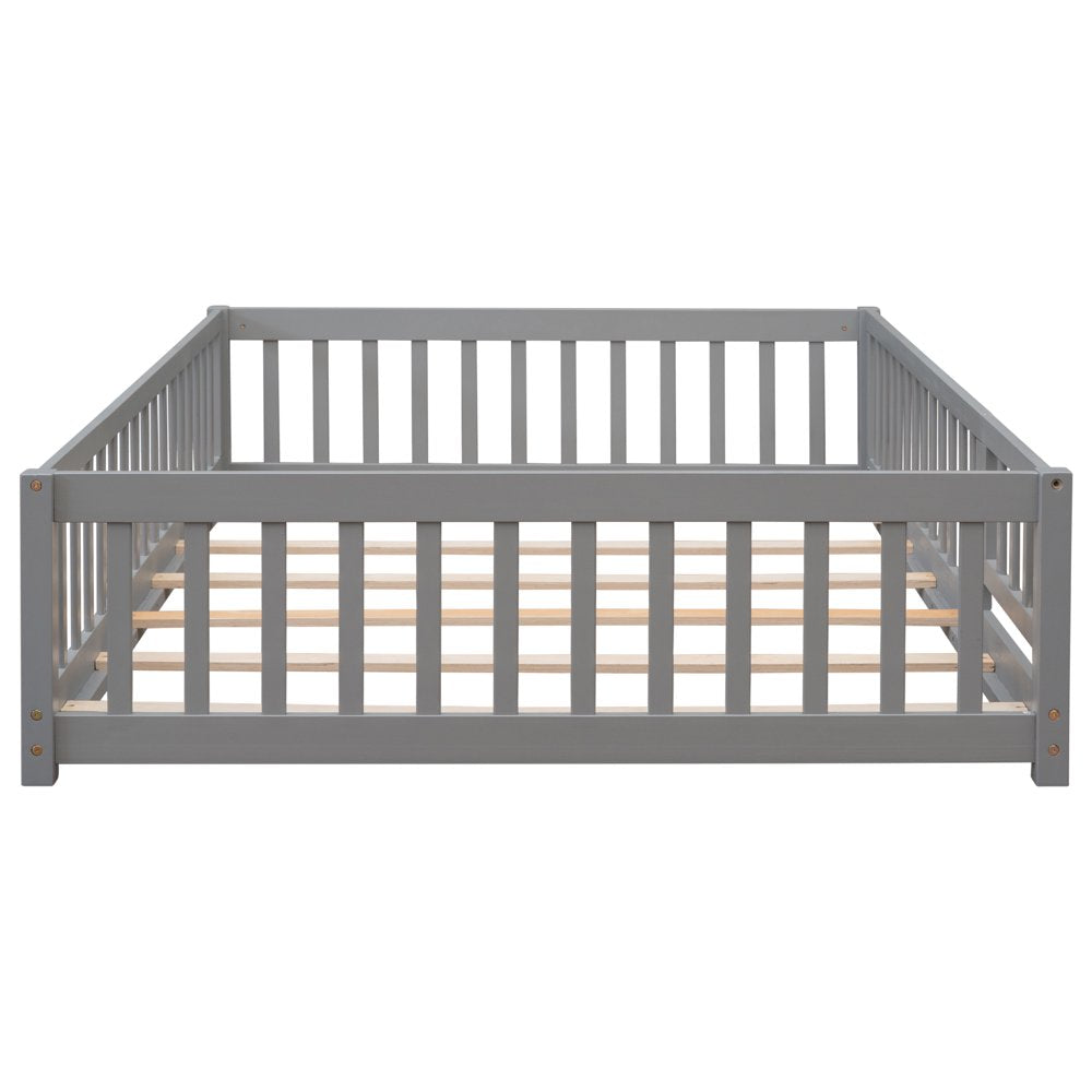 Uhomepro Full Size Wood Floor Bed Frame with Fence and Door for Kids, Toddlers, Gray