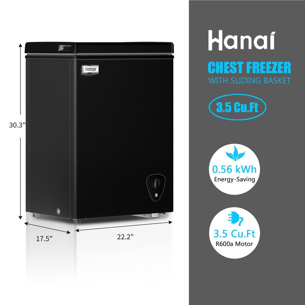 WANAI Chest Freezer, 3.5 Cubic Deep Freezer with Top Open Door and Removable Storage Basket, 7 Gears Temperature Control, Energy Saving