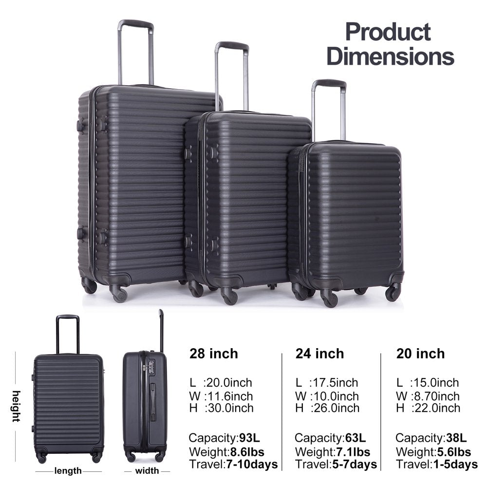 Travelhouse 3 Piece Luggage Set Hardshell Lightweight Suitcase with TSA Lock Spinner Wheels 20In24In28In.(Black)