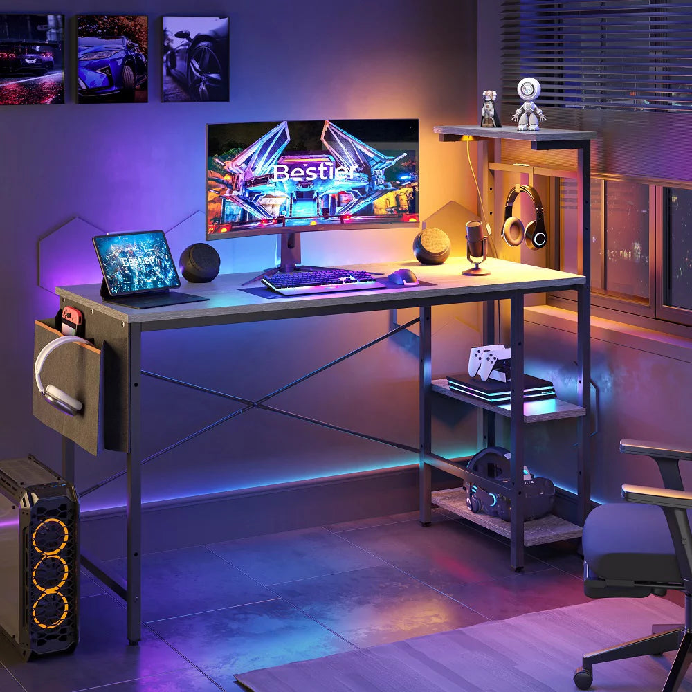 Bestier 52 Inch Gaming Computer Desk with LED Lights Reversible Corner Desk with Shelves in Grey