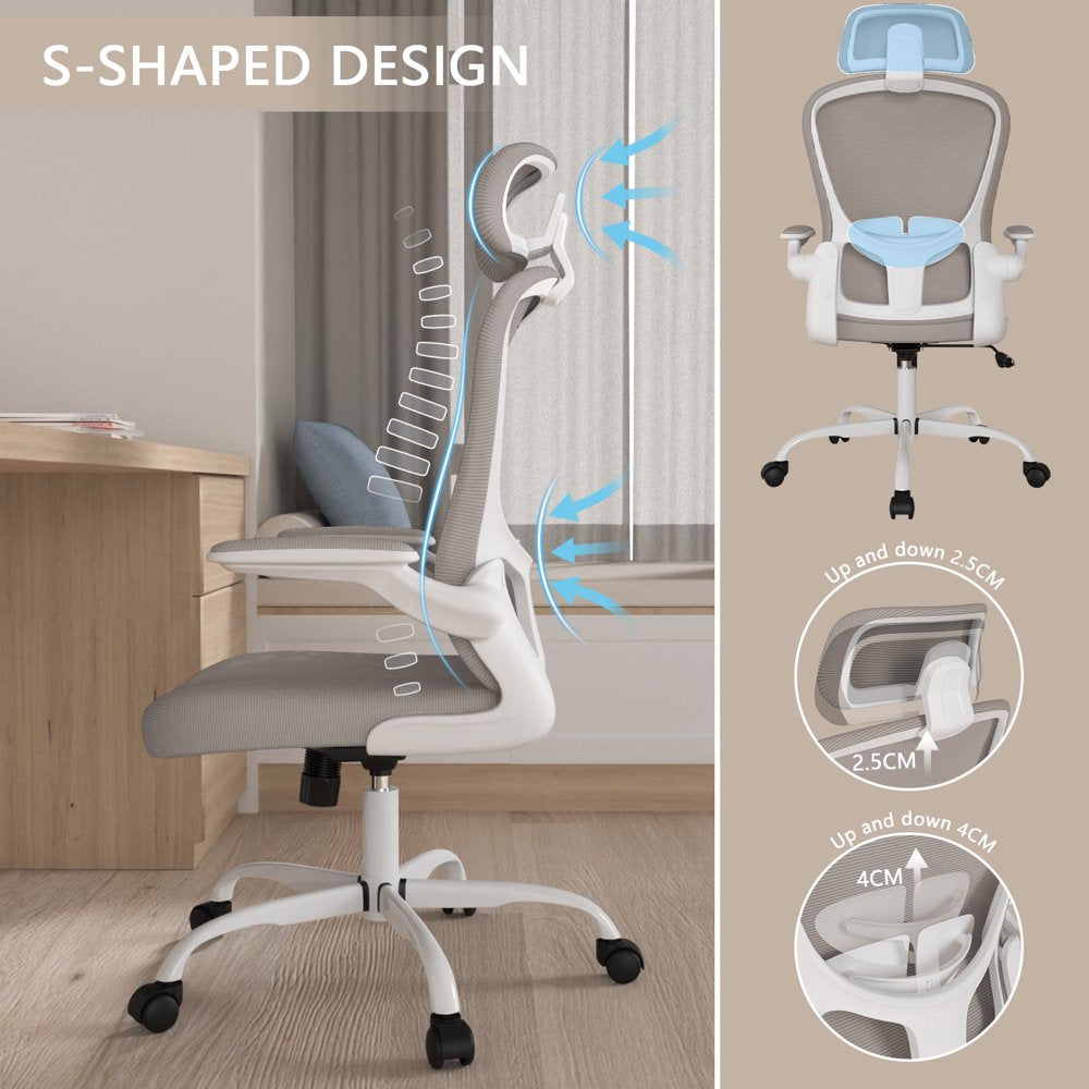 Lioncin Office Chair, High Back Ergonomic Desk Chair, Breathable Mesh Desk Chair with Adjustable Lumbar Support and Headrest, Swivel Task Chair with Flip-Up Armrests,Light Gray