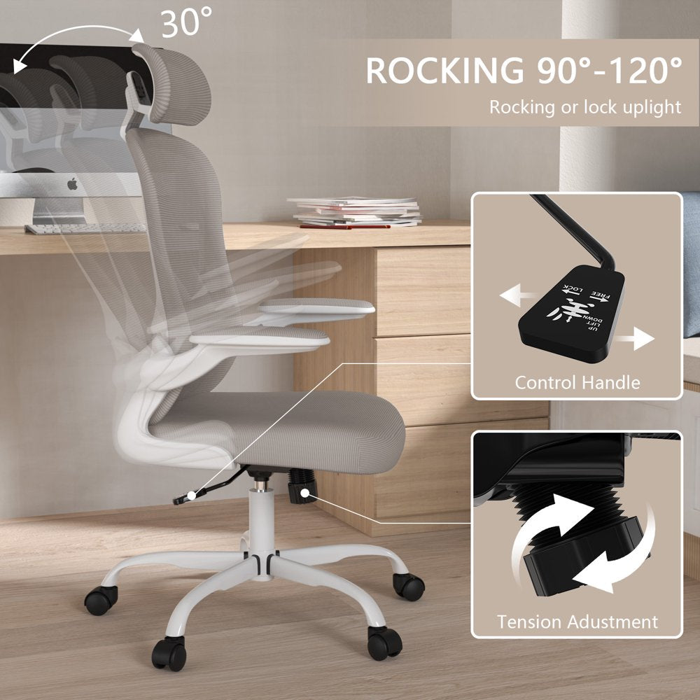 Lioncin Office Chair, High Back Ergonomic Desk Chair, Breathable Mesh Desk Chair with Adjustable Lumbar Support and Headrest, Swivel Task Chair with Flip-Up Armrests,Light Gray