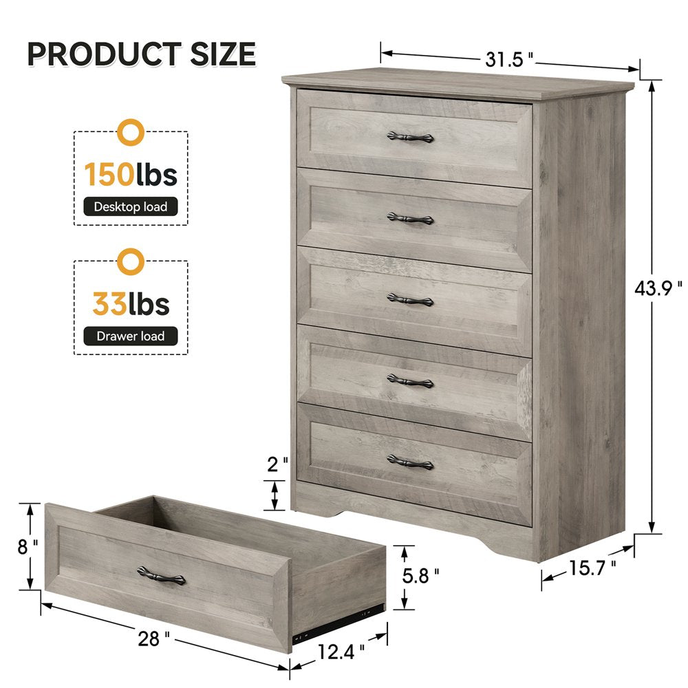 Dresser for Bedroom with 5 Drawers, Tall Wood Drawer Dresser Chest of Drawers for Closet, Living Room, Hallway, Nursery, Kids Bedroom, Grey