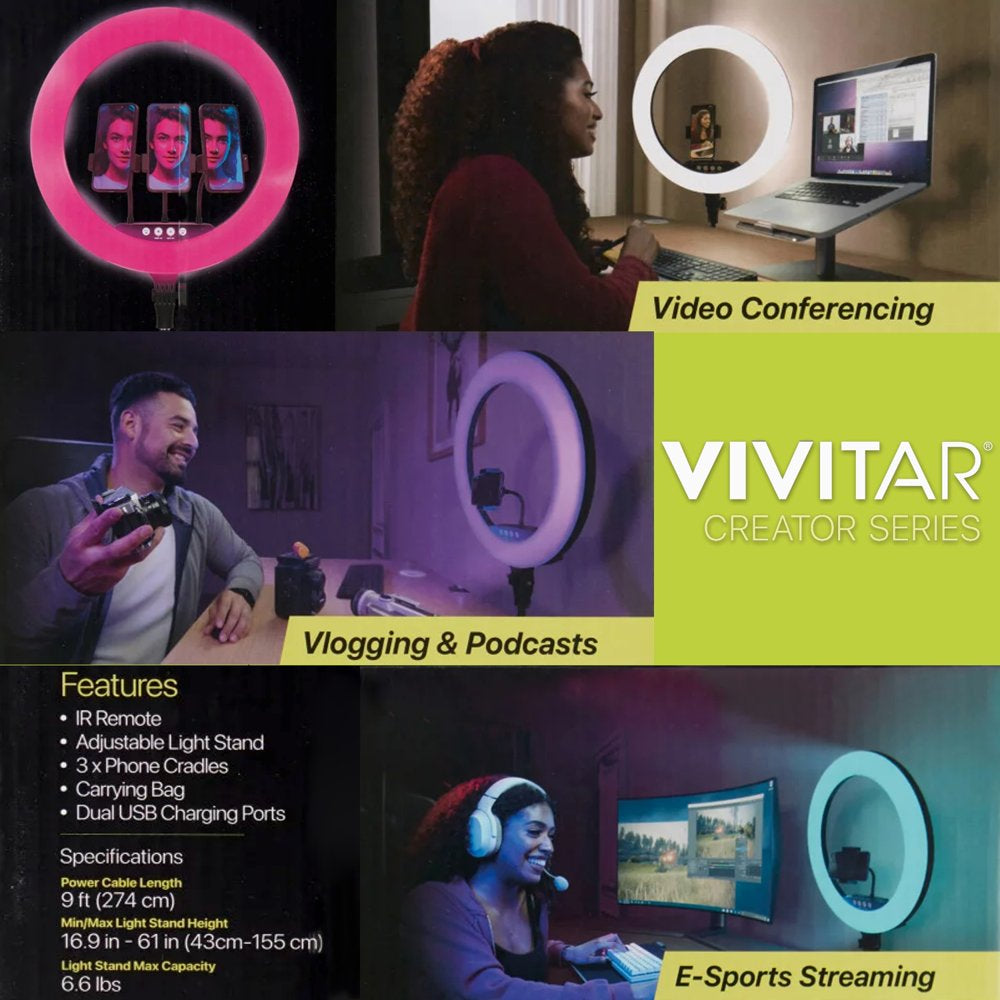 Vivitar 18" LED RGB Ring Light with Tripod, Phone Holder USB Charging Ports, and Wireless Remote