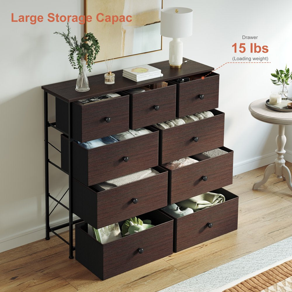 REAHOME 9 Drawers Dresser, Chest of Drawers Fabric Dressers with Leather Finish for Adult Dressers for Bedroom Brown