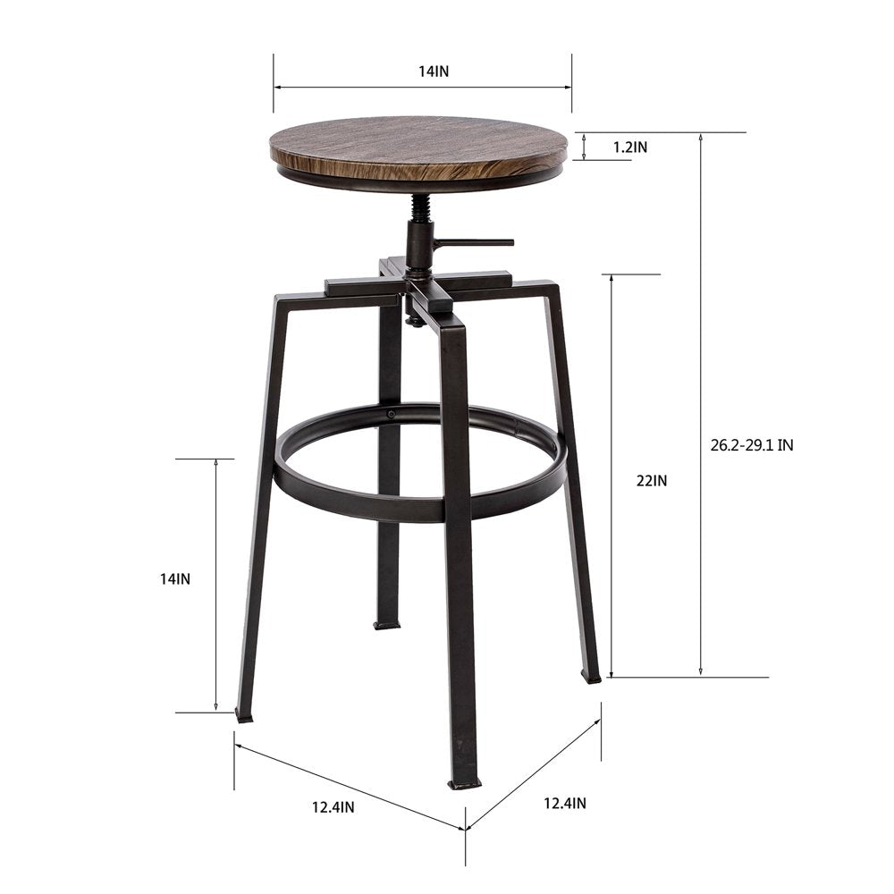 Homy Casa Adjustable Bar Stools Set of 2, Vintage Swivel Counter Barstool Wood Metal Design Pub Chairs Industrial Backless