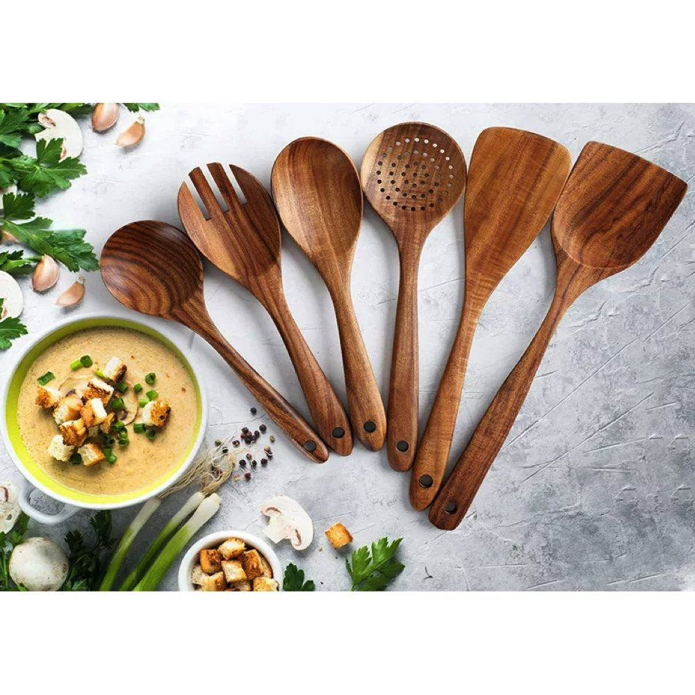 Zulay Kitchen Wooden Spoon for Cooking, Wooden Utensils for Cooking, Teak Wood Utensil Set Non Stick - 6 Piece Set