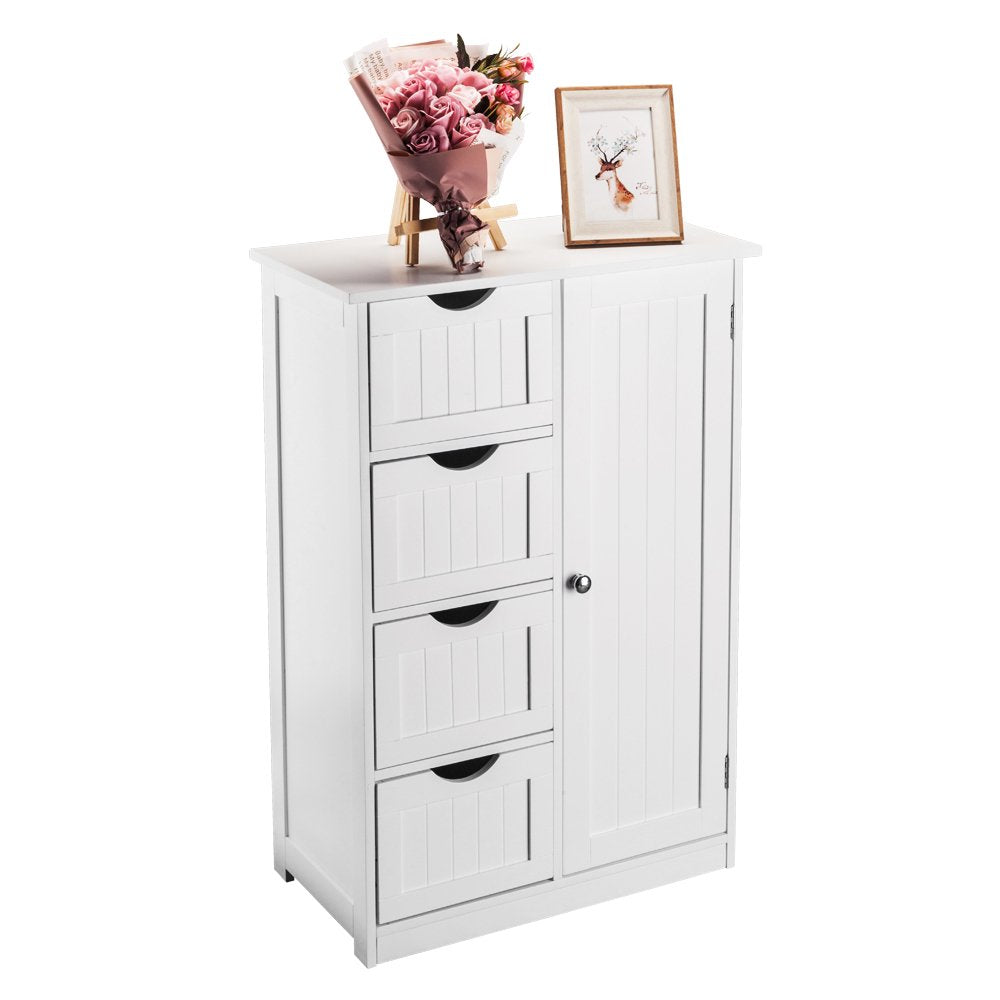 Ktaxon Wooden Bathroom Floor Cabinet,Side Storage Organizer Cabinet with 4 Drawers,1 Cupboard & 2-Shelves,Mdf,White