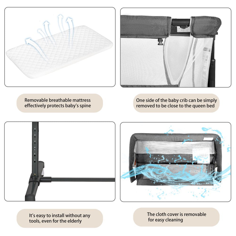 Kinder King Baby Bassinet with Wheels Folding Portable Newborn Bedside Sleeper All-Sided Mesh Infant Crib, Grey