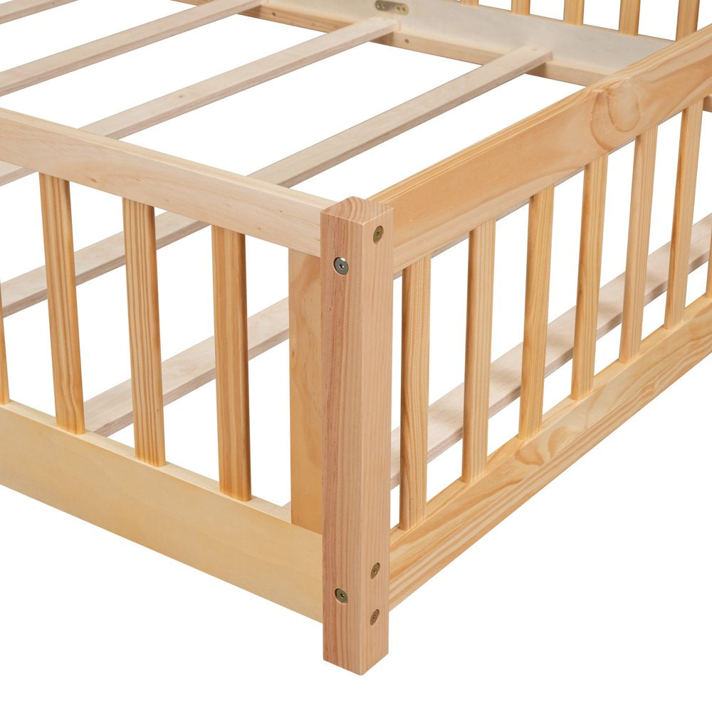 Uhomepro Queen Size Wood Floor Bed Frame with Fence and Door for Kids, Toddlers, Natural