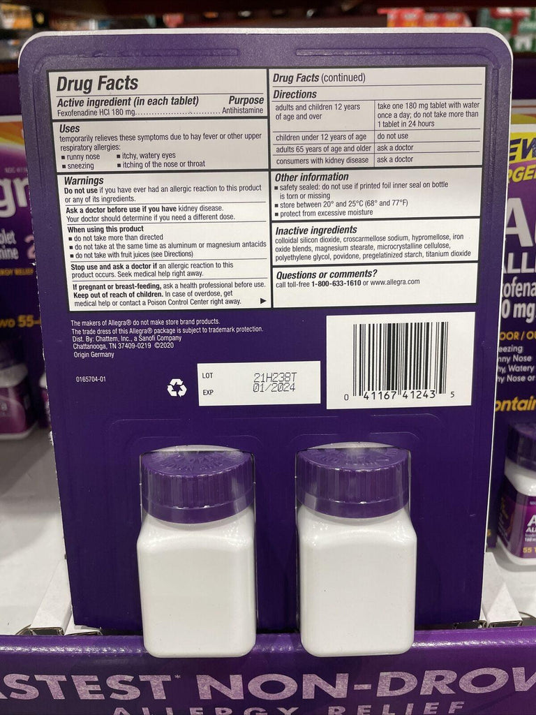 NEW !! 24 Hour Allegra Indoor & Outdoor Allergies 180 Mg 110 Tablets