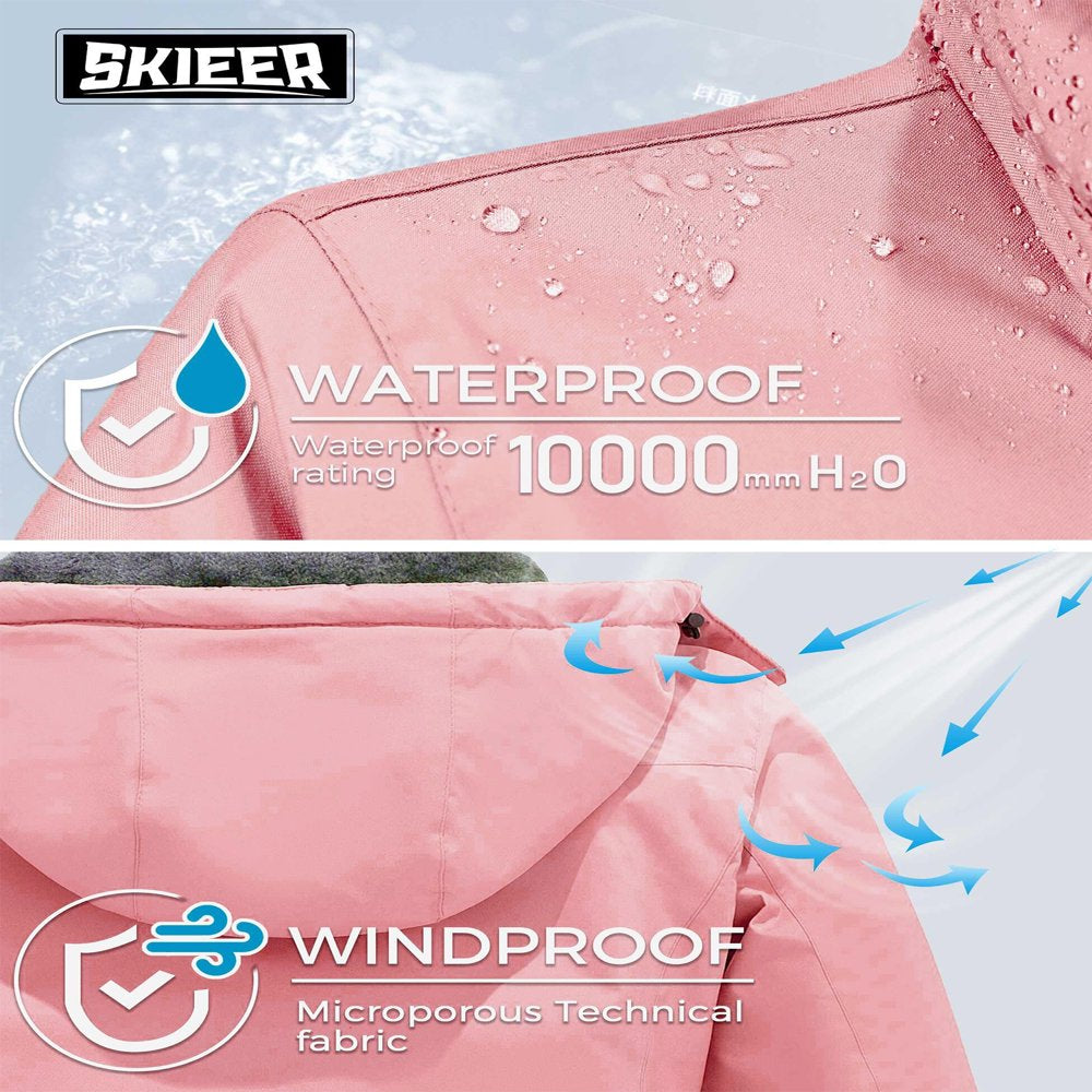 Skieer Women'S Waterproof Ski Jacket Windproof Rain Jacket Winter Warm Hooded Coat Pink X-Large