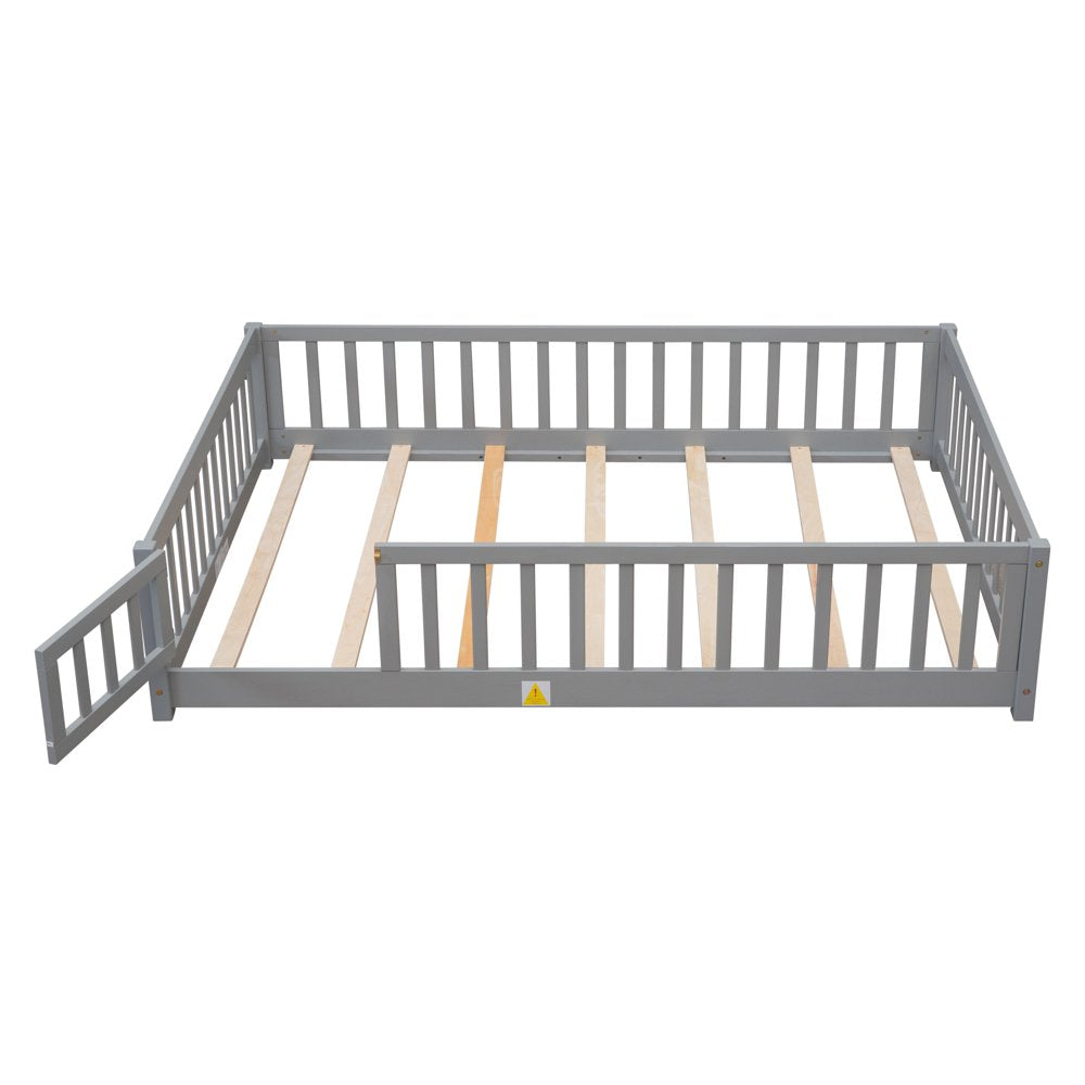 Uhomepro Full Size Wood Floor Bed Frame with Fence and Door for Kids, Toddlers, Gray