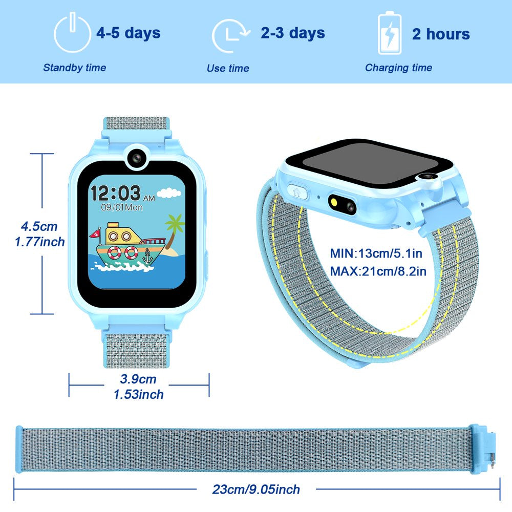 PTHTECHUS 1.54" Smart Watch for Boys Girls Smartwatch for Kids with Dual Camera Games Video MP3 Children Touch Screen Blue