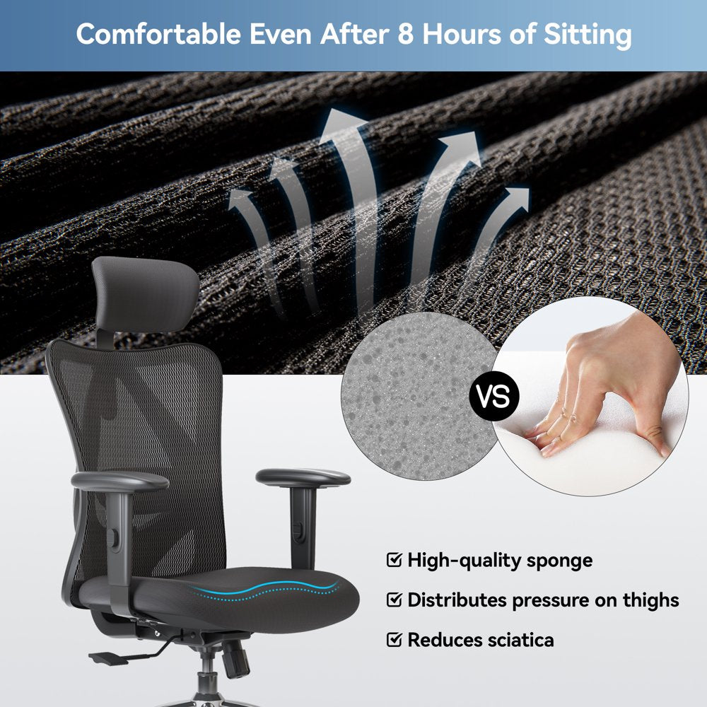 SIHOO Ergonomic Office Chair, Mesh Computer Desk Chair with Adjustable Lumbar Support, High Back Chair for Big and Tall, Black