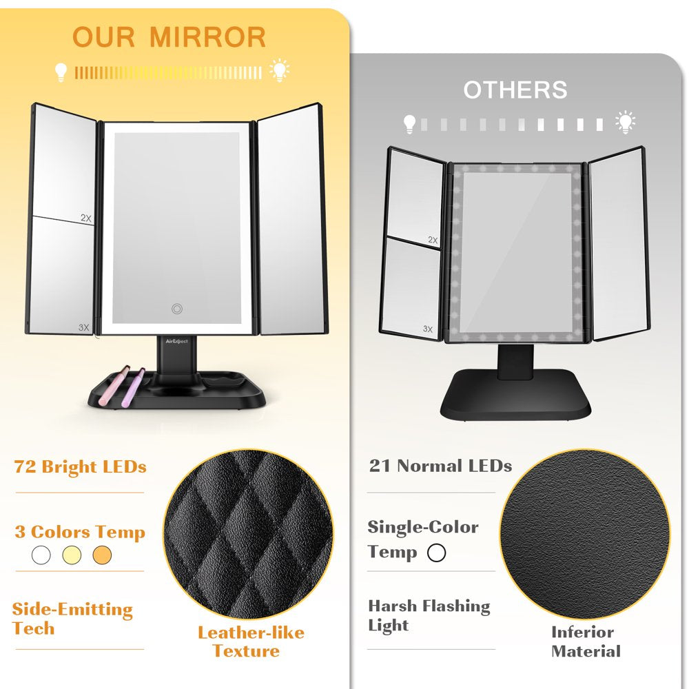 Airexpect 3 Color Lighted Makeup 1X 2X 3X Magnification Vanity 72 Leds Touch Control Dual Power Supply Portable Cosmetic Mirror, Black