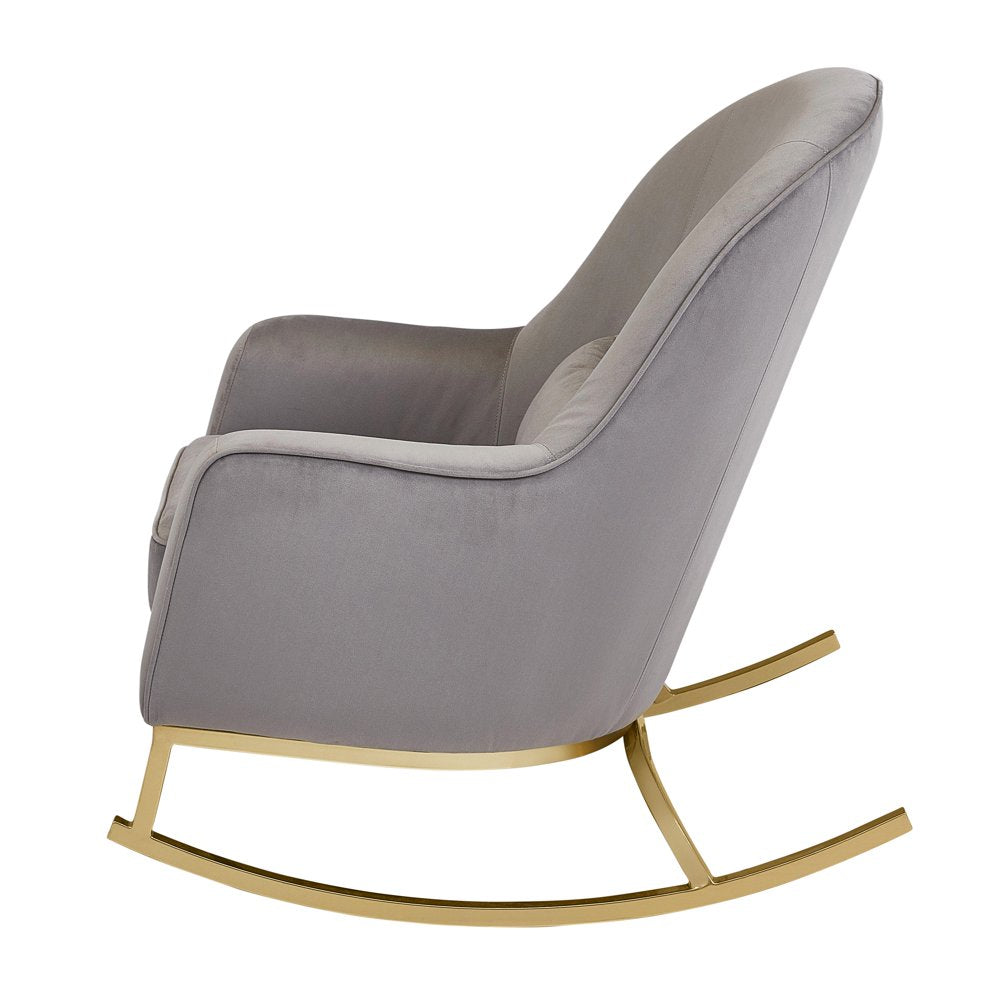 Modrn Glam Velvet Rocking Chair with Lumbar Pillow, Charcoal Grey/Satin Brass