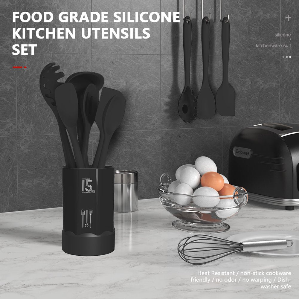 Black Silicone Cooking Utensils Set - 446°F Heat Resistant Kitchen Utensils,Turner Tongs,Spatula,Spoon,Brush,Whisk,Kitchen Utensil Gadgets Tools Set for Nonstick Cookware,Dishwasher Safe (BPA Free)