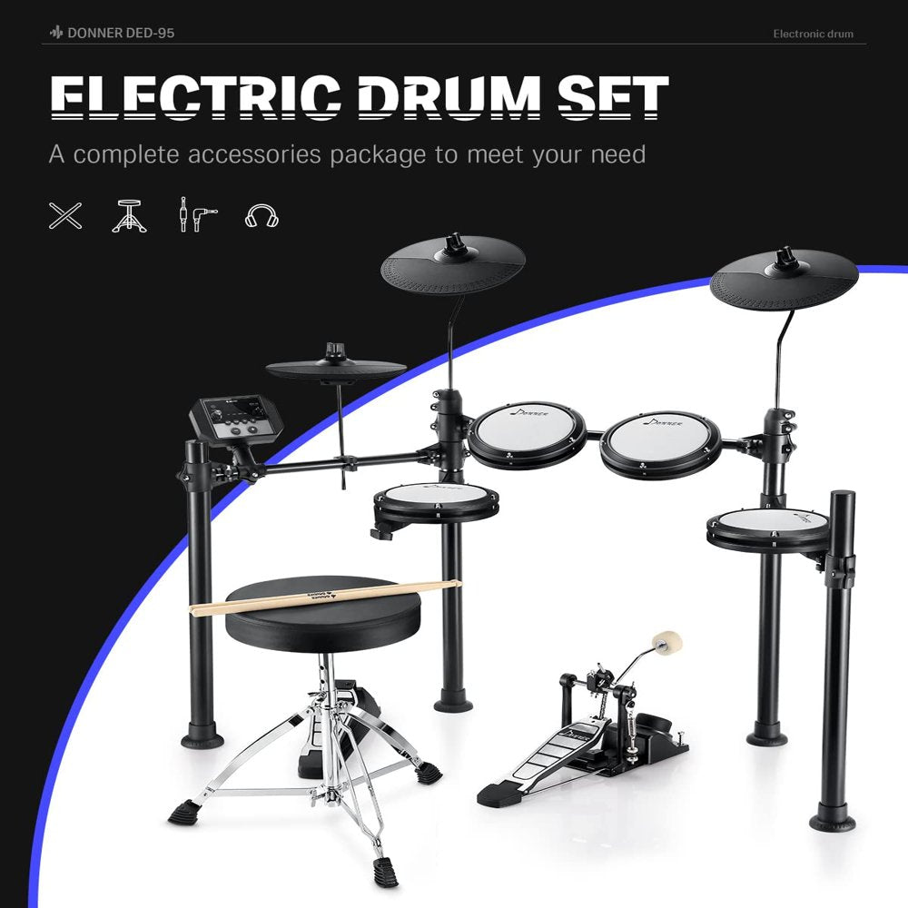 Donner Electric Drum Set for Beginner Adults, 5 Drums 3 Cymbals, 180 Sounds, Quiet Mesh Pad Kit with Drums Throne, Sticks, Headphone,40 Melodics Lessons (DED-95, New Upgraded)