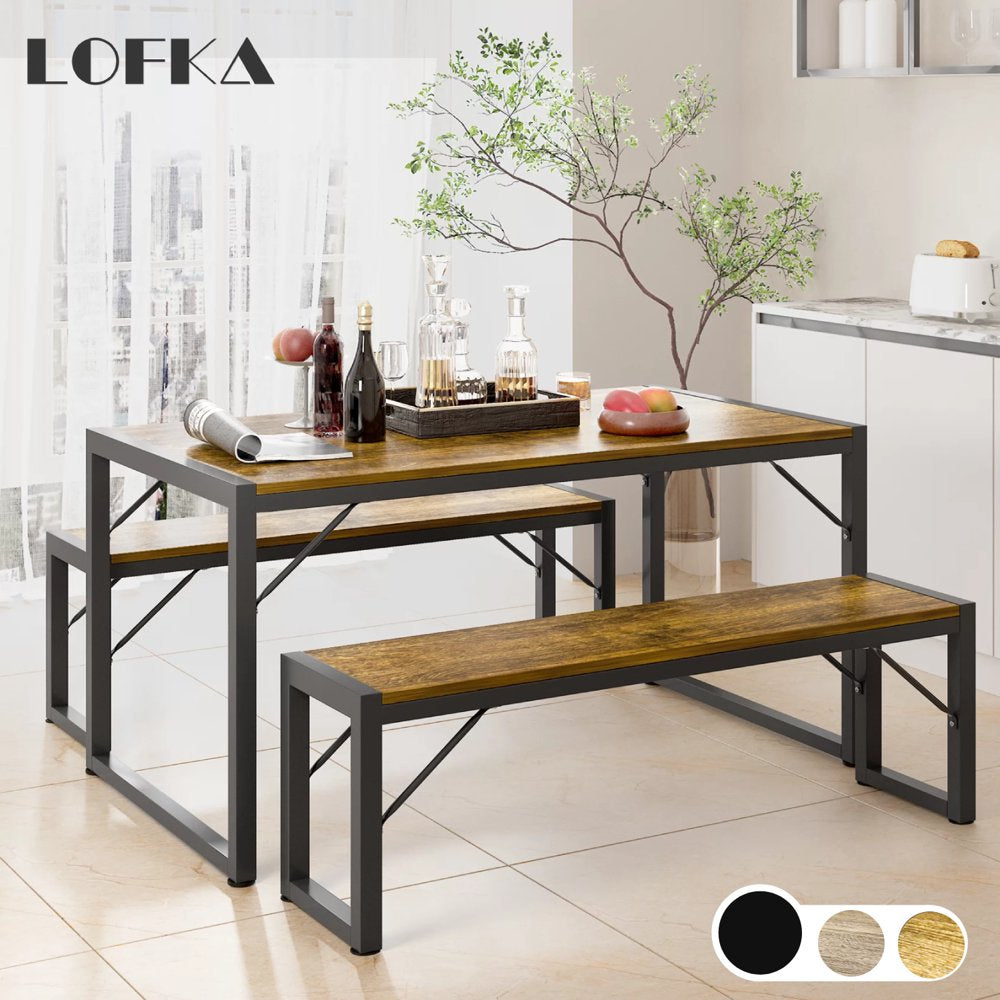 Lofka 45.5" Dining Table Set for 4 with 2 Benches, Modern Kitchen Table Set, 550Lbs, Retro