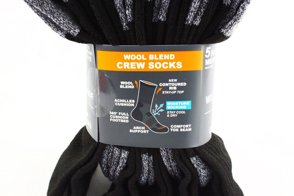 5 Pair New Weatherproof Men’S Outdoor Wool Blend Crew Sock Black Size 6-12