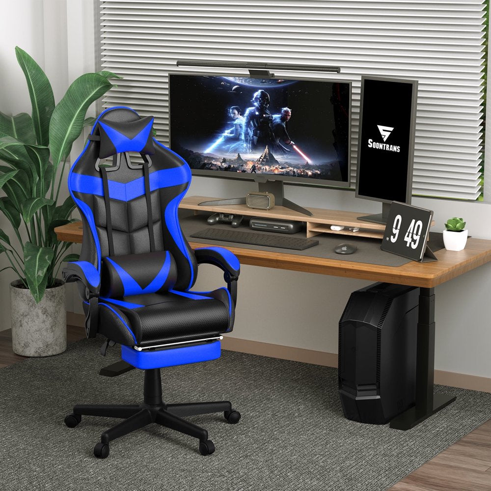 Soontrans Gaming Chair with Footrest, Ergonomic Office Chair High Back with Headrest & Massage Lumbar Support, Swivel Leather Chairs, Blue