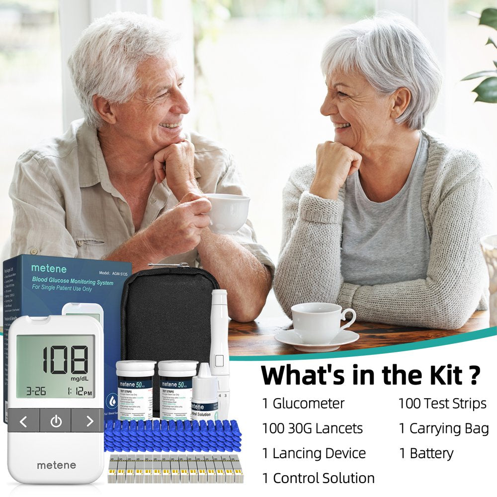 Metene AGM-513S Blood Glucose Monitor Kit, 100 Glucometer Strips, 100 Lancets, 1 Blood Sugar Monitor, 1 Control Solution, Lancing Device and Carrying Bag, No Coding