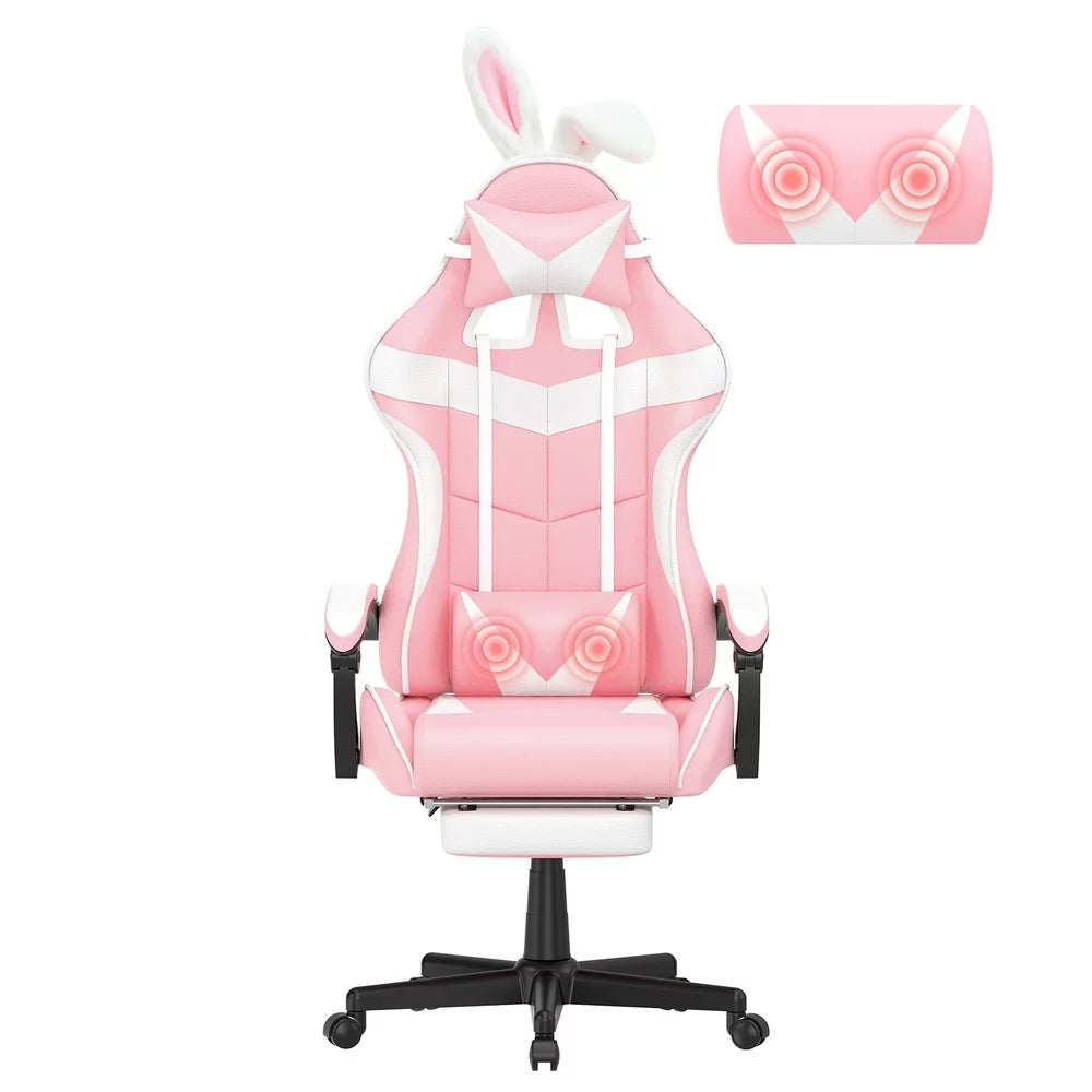 Soontrans Pink Gaming Chair Office Chair with Footrest, High Back Computer Chair with Headrest & Massage Lumbar Support, Ergonomic PU Leather Game Gamer Chairs with Cute Bunny Ears, Pink and White