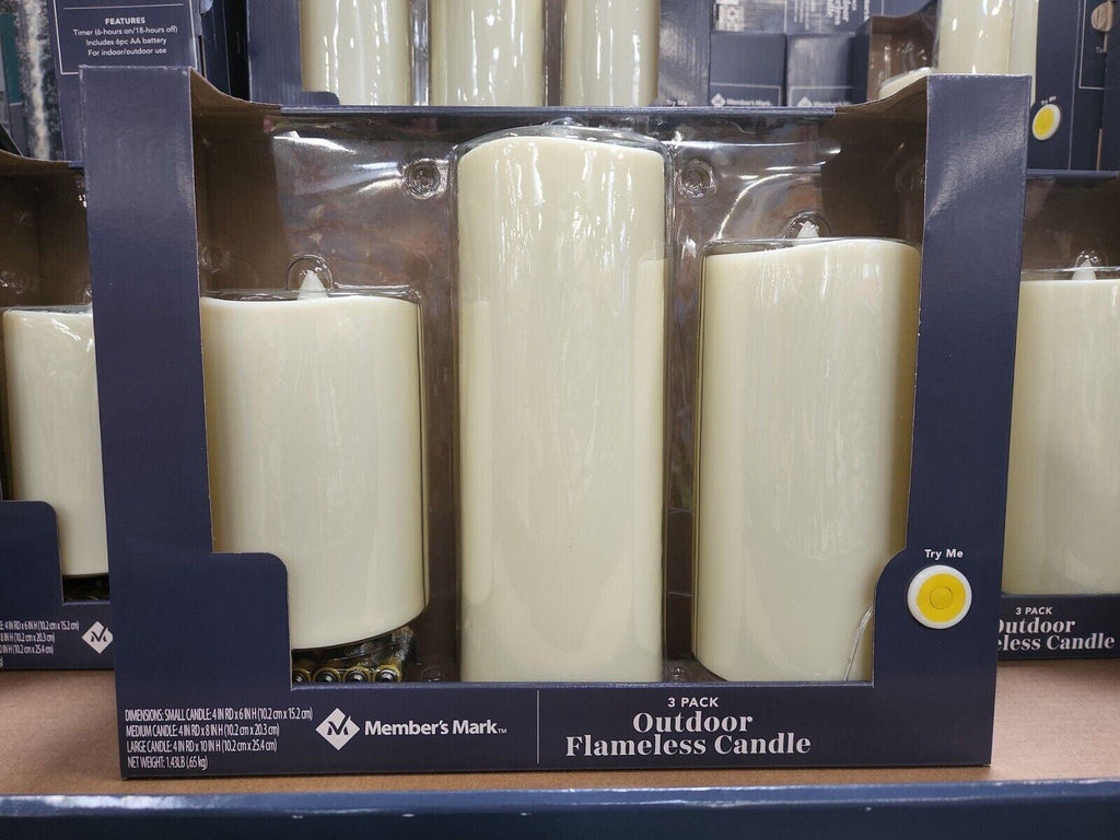 MEMBER'S MARK 3PACK OUTDOOR FLAMELESS CANDLE~ IVORY~NEW