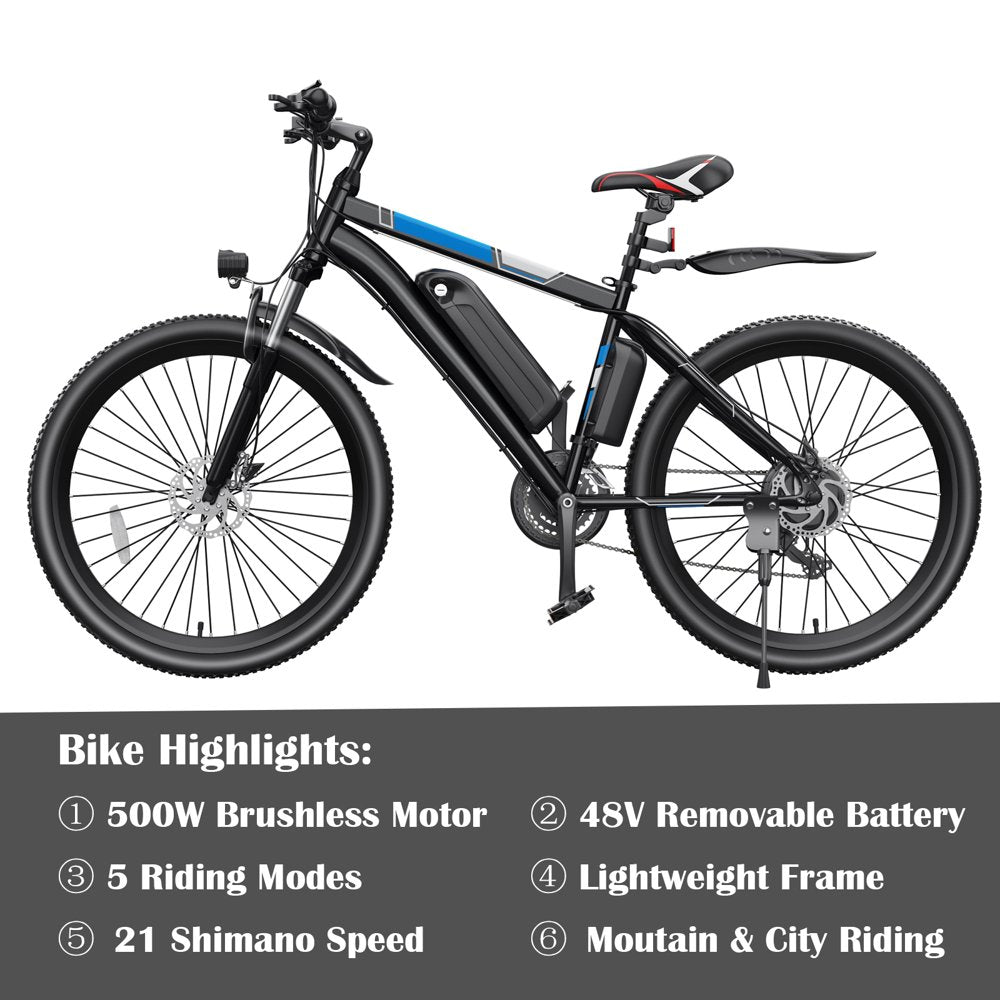 Gocio 500W Electric Bike 26" Electric Bicycle for Adults with Cruise Control System Ebike, Mountain Bike with Removable 375Wh Lithium-Ion Battery 50 Miles, 21 Speed Commuter Bike for Man Woman