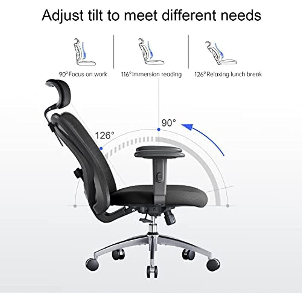 SIHOO M18 Black Ergonomic Office Chair for Big & Tall People Adjustable Headrest