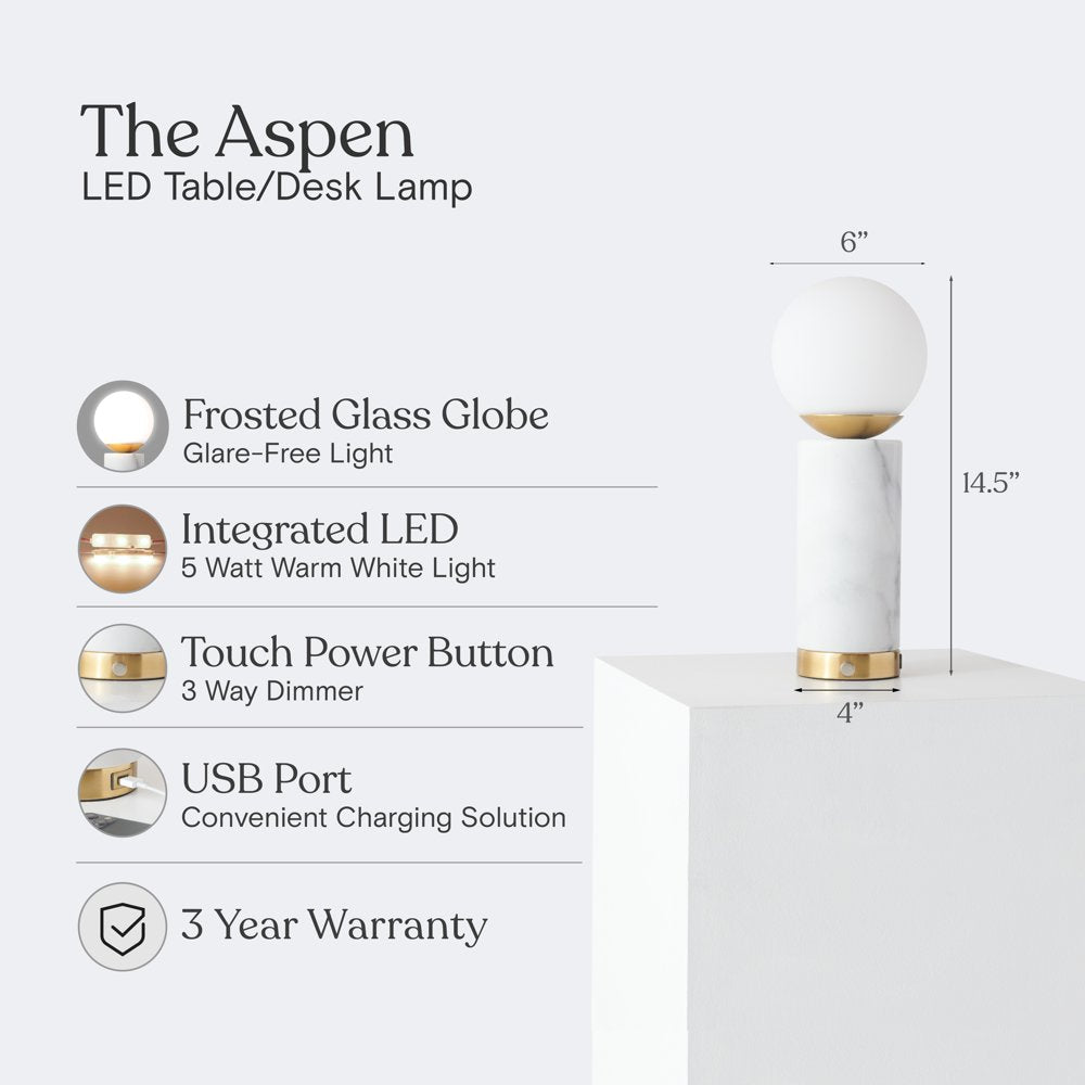 Brightech Aspen LED Table Lamp with USB Port, Marble Base, and Glass Shade