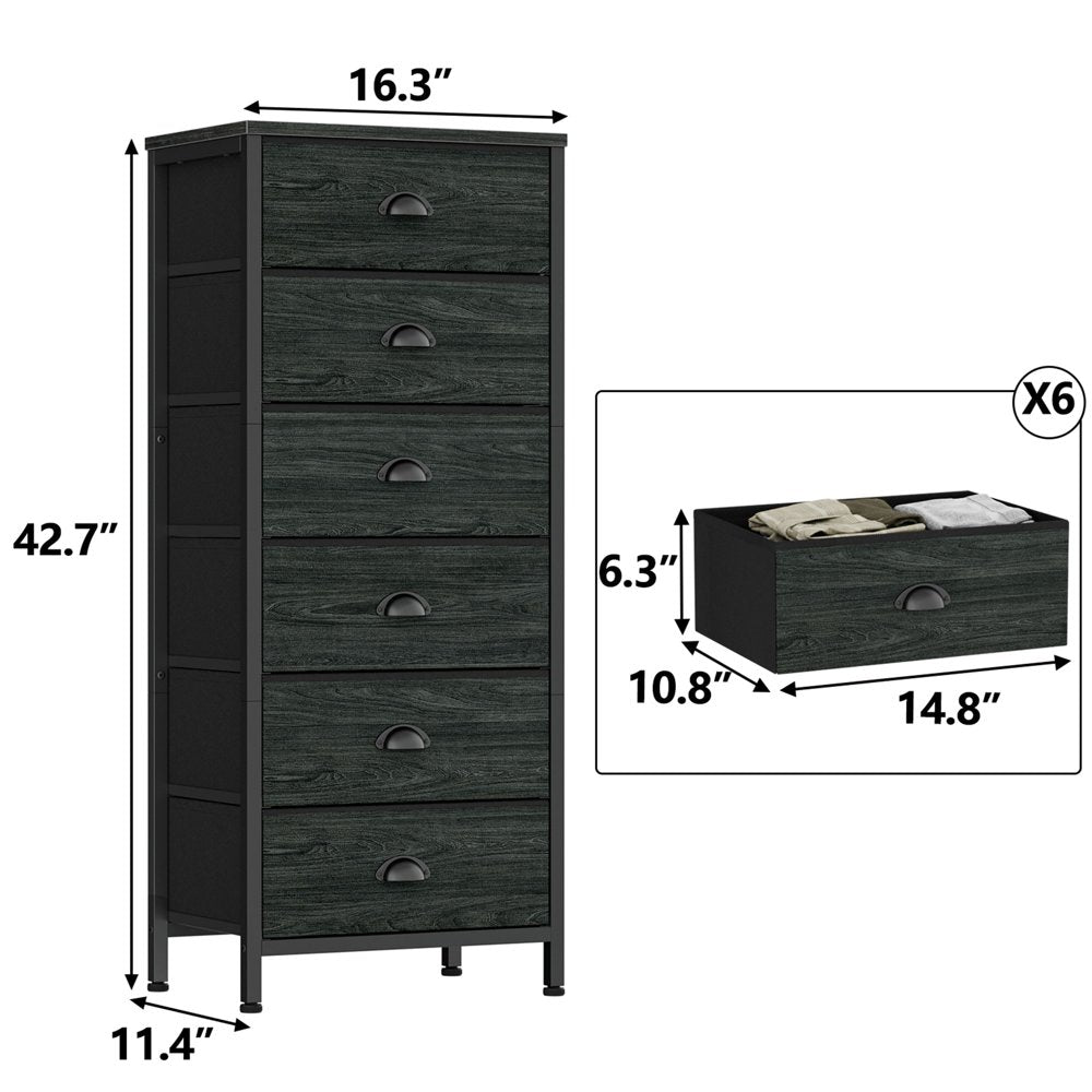 Furnulem 6-Drawer Dresser, Vertical Storage Organizer with Fabric Bins for Bedroom, Living Room, Durable Side Table Nightstand, Black Oak