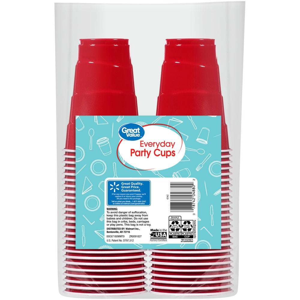 Great Value Everyday Disposable Plastic Cups, Red, 18 Oz, 50 Count