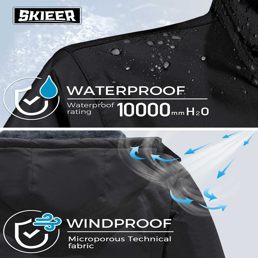 Skieer Women'S Waterproof Ski Jacket Windproof Rain Jacket Winter Warm Hooded Coat Black Large