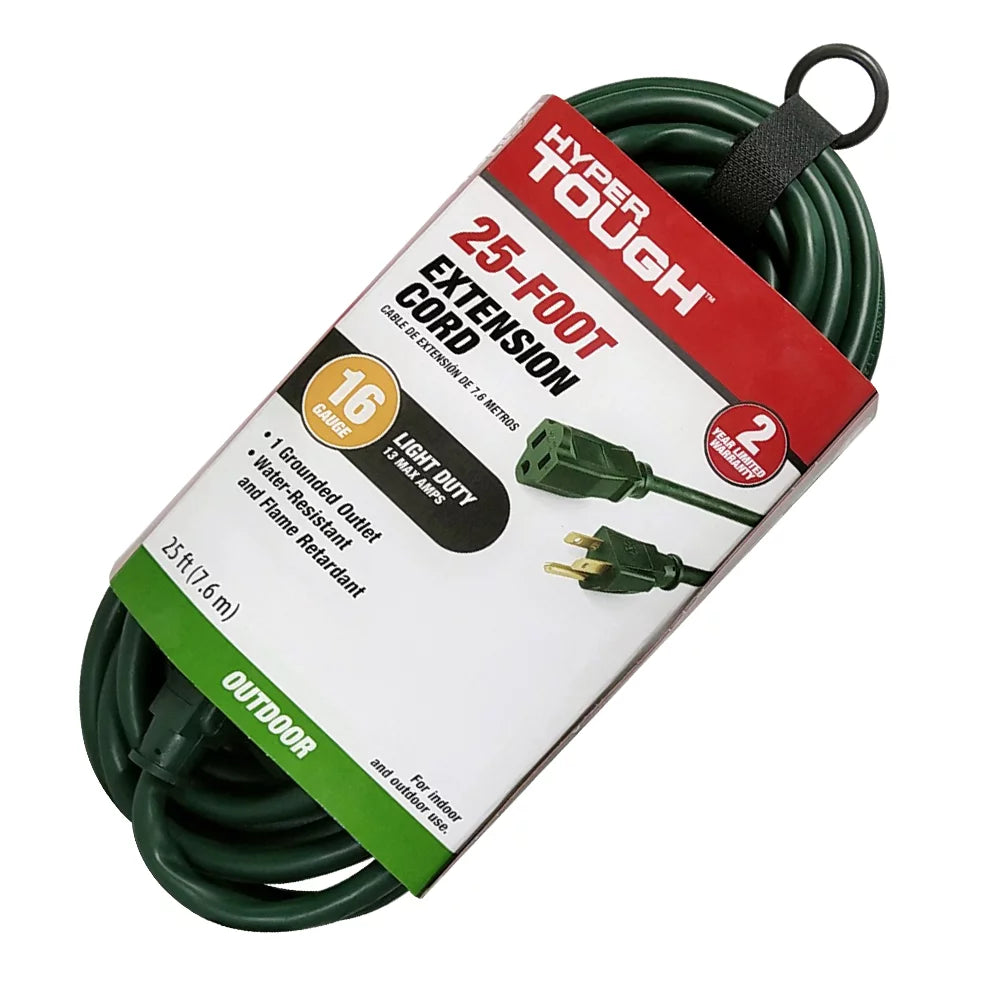 Hyper Tough 25 Ft 16AWG 3-Prong Green Single Outlet Outdoor Extension Cord, 13 Amps