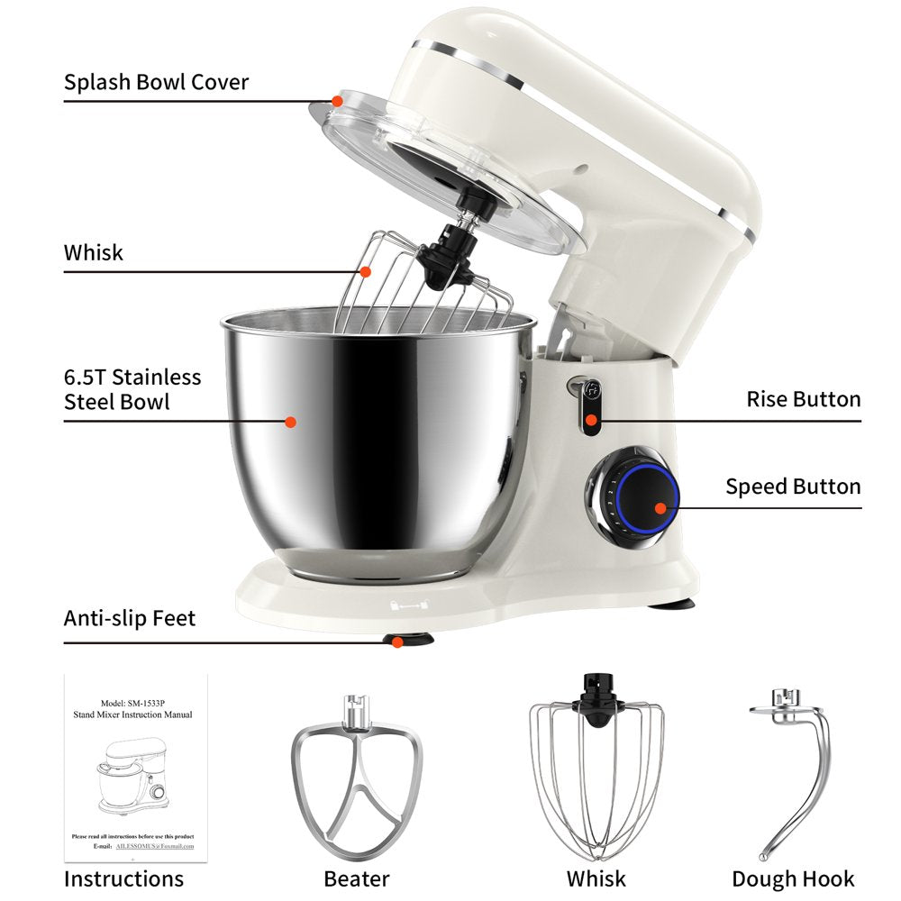 Samsaimo Stand Mixer,6.5-Qt 660W 10-Speed Tilt-Head Food Mixer, Kitchen Electric Mixer with Bowl, Dough Hook, Beater, Whisk for Most Home Cooks, (6.5QT, Almond Cream）